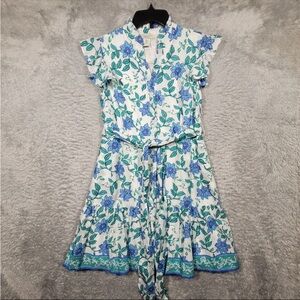 Calypso St. Barth Floral Print Dress Women 8 Tie Waist Ruffle Sleeve White Blue